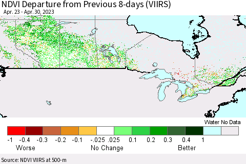 Canada NDVI Departure from Previous 8-days (VIIRS) Thematic Map For 4/23/2023 - 4/30/2023