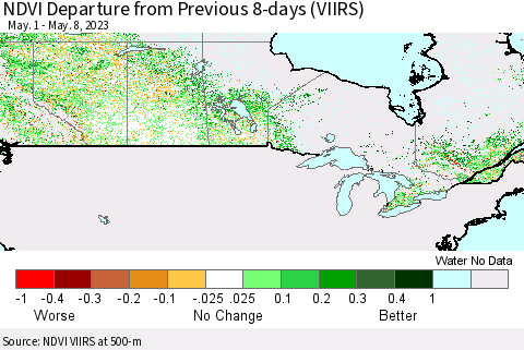 Canada NDVI Departure from Previous 8-days (VIIRS) Thematic Map For 5/1/2023 - 5/8/2023