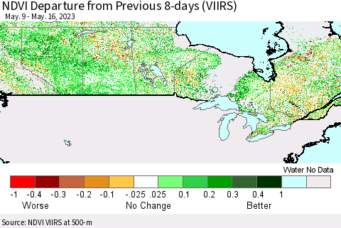 Canada NDVI Departure from Previous 8-days (VIIRS) Thematic Map For 5/9/2023 - 5/16/2023