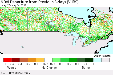 Canada NDVI Departure from Previous 8-days (VIIRS) Thematic Map For 5/17/2023 - 5/24/2023
