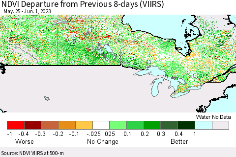 Canada NDVI Departure from Previous 8-days (VIIRS) Thematic Map For 5/25/2023 - 6/1/2023