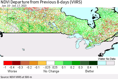 Canada NDVI Departure from Previous 8-days (VIIRS) Thematic Map For 6/10/2023 - 6/17/2023