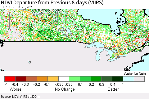 Canada NDVI Departure from Previous 8-days (VIIRS) Thematic Map For 6/18/2023 - 6/25/2023