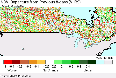 Canada NDVI Departure from Previous 8-days (VIIRS) Thematic Map For 7/12/2023 - 7/19/2023