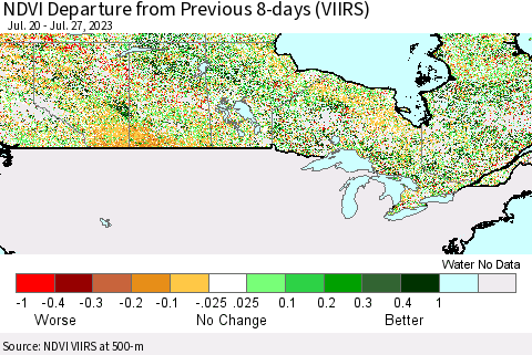 Canada NDVI Departure from Previous 8-days (VIIRS) Thematic Map For 7/20/2023 - 7/27/2023