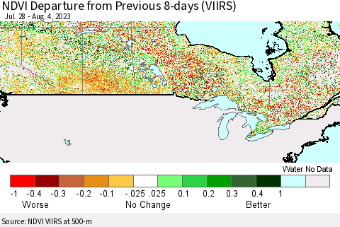 Canada NDVI Departure from Previous 8-days (VIIRS) Thematic Map For 7/28/2023 - 8/4/2023