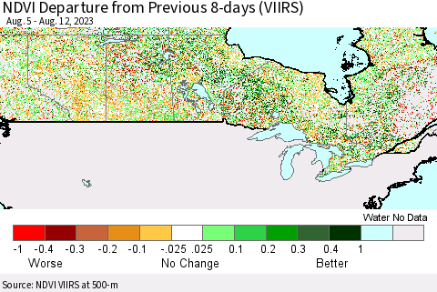 Canada NDVI Departure from Previous 8-days (VIIRS) Thematic Map For 8/5/2023 - 8/12/2023