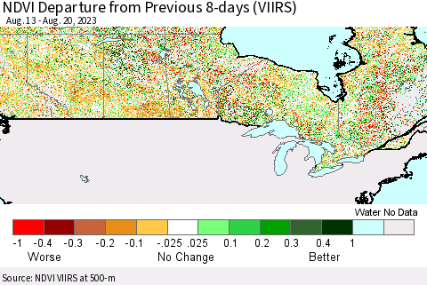 Canada NDVI Departure from Previous 8-days (VIIRS) Thematic Map For 8/13/2023 - 8/20/2023