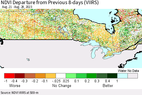 Canada NDVI Departure from Previous 8-days (VIIRS) Thematic Map For 8/21/2023 - 8/28/2023