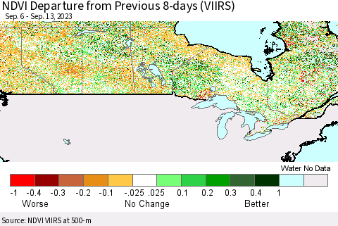 Canada NDVI Departure from Previous 8-days (VIIRS) Thematic Map For 9/6/2023 - 9/13/2023