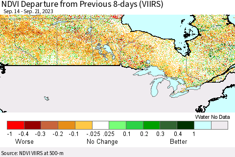 Canada NDVI Departure from Previous 8-days (VIIRS) Thematic Map For 9/14/2023 - 9/21/2023
