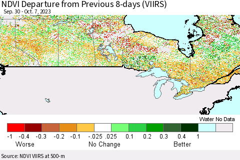 Canada NDVI Departure from Previous 8-days (VIIRS) Thematic Map For 9/30/2023 - 10/7/2023