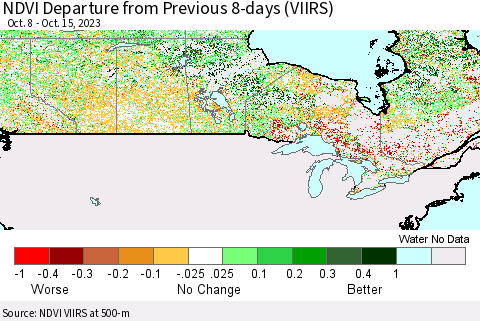 Canada NDVI Departure from Previous 8-days (VIIRS) Thematic Map For 10/8/2023 - 10/15/2023