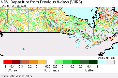 Canada NDVI Departure from Previous 8-days (VIIRS) Thematic Map For 10/16/2023 - 10/23/2023