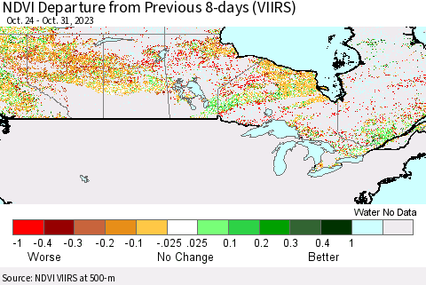Canada NDVI Departure from Previous 8-days (VIIRS) Thematic Map For 10/24/2023 - 10/31/2023