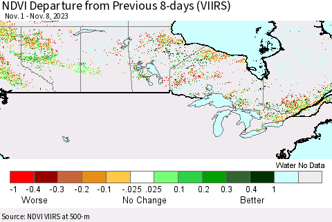 Canada NDVI Departure from Previous 8-days (VIIRS) Thematic Map For 11/1/2023 - 11/8/2023