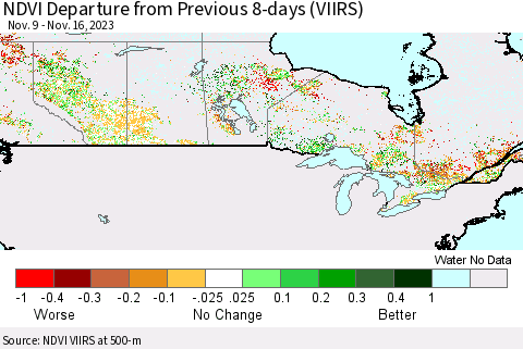 Canada NDVI Departure from Previous 8-days (VIIRS) Thematic Map For 11/9/2023 - 11/16/2023