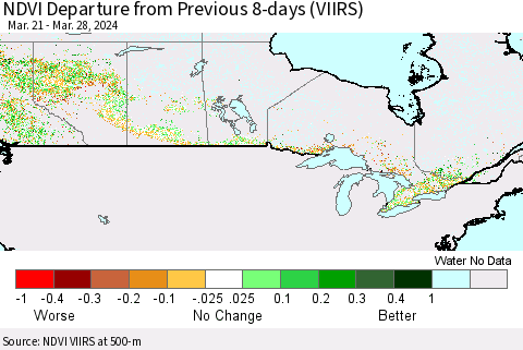 Canada NDVI Departure from Previous 8-days (VIIRS) Thematic Map For 3/21/2024 - 3/28/2024