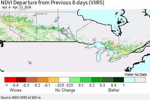 Canada NDVI Departure from Previous 8-days (VIIRS) Thematic Map For 4/6/2024 - 4/13/2024