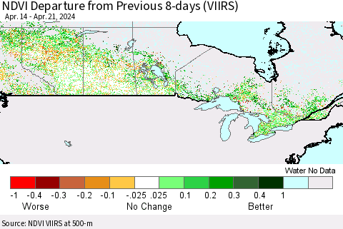 Canada NDVI Departure from Previous 8-days (VIIRS) Thematic Map For 4/14/2024 - 4/21/2024