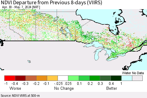 Canada NDVI Departure from Previous 8-days (VIIRS) Thematic Map For 4/30/2024 - 5/7/2024