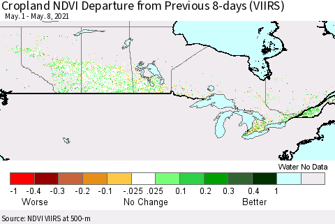 Canada Cropland NDVI Departure from Previous 8-days (VIIRS) Thematic Map For 5/1/2021 - 5/8/2021