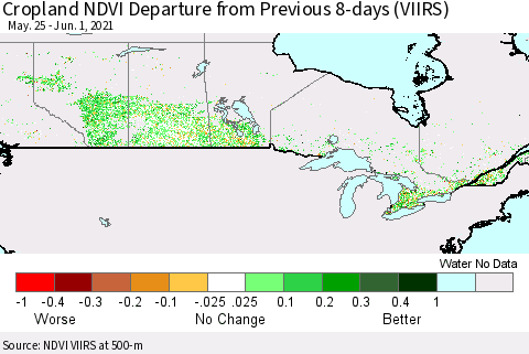 Canada Cropland NDVI Departure from Previous 8-days (VIIRS) Thematic Map For 5/25/2021 - 6/1/2021