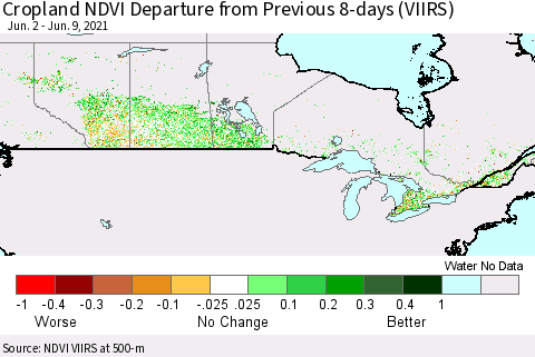 Canada Cropland NDVI Departure from Previous 8-days (VIIRS) Thematic Map For 6/2/2021 - 6/9/2021