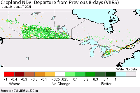 Canada Cropland NDVI Departure from Previous 8-days (VIIRS) Thematic Map For 6/10/2021 - 6/17/2021