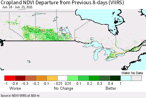 Canada Cropland NDVI Departure from Previous 8-days (VIIRS) Thematic Map For 6/18/2021 - 6/25/2021