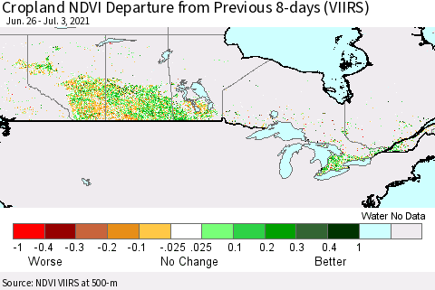 Canada Cropland NDVI Departure from Previous 8-days (VIIRS) Thematic Map For 6/26/2021 - 7/3/2021