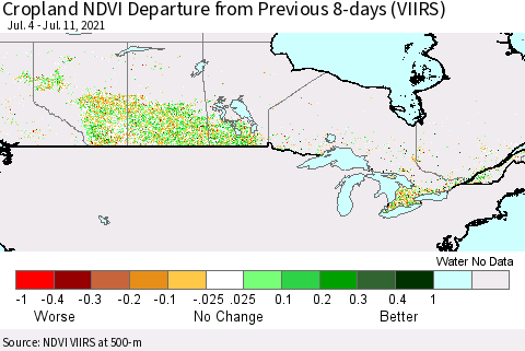 Canada Cropland NDVI Departure from Previous 8-days (VIIRS) Thematic Map For 7/4/2021 - 7/11/2021