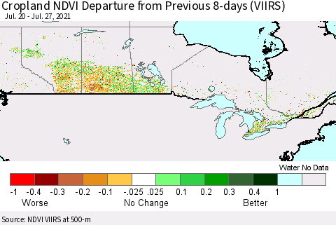 Canada Cropland NDVI Departure from Previous 8-days (VIIRS) Thematic Map For 7/20/2021 - 7/27/2021