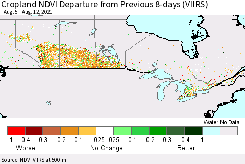 Canada Cropland NDVI Departure from Previous 8-days (VIIRS) Thematic Map For 8/5/2021 - 8/12/2021