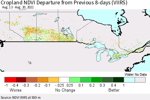 Canada Cropland NDVI Departure from Previous 8-days (VIIRS) Thematic Map For 8/13/2021 - 8/20/2021