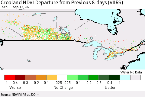 Canada Cropland NDVI Departure from Previous 8-days (VIIRS) Thematic Map For 9/6/2021 - 9/13/2021