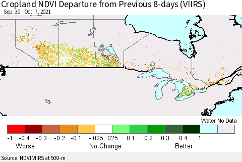 Canada Cropland NDVI Departure from Previous 8-days (VIIRS) Thematic Map For 9/30/2021 - 10/7/2021