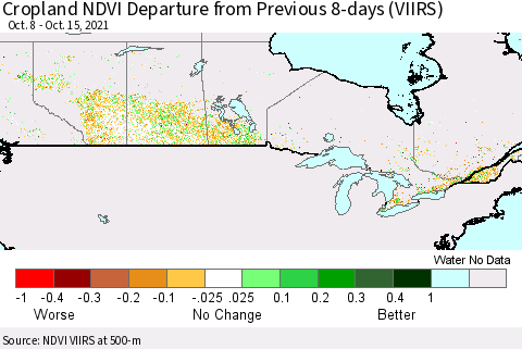 Canada Cropland NDVI Departure from Previous 8-days (VIIRS) Thematic Map For 10/8/2021 - 10/15/2021