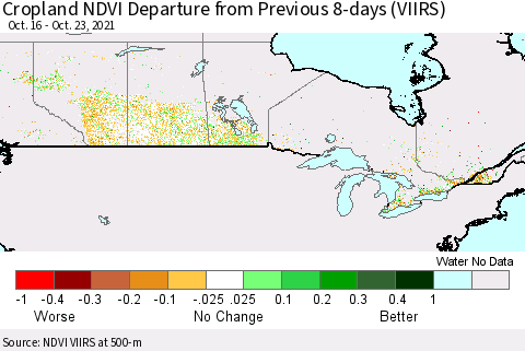 Canada Cropland NDVI Departure from Previous 8-days (VIIRS) Thematic Map For 10/16/2021 - 10/23/2021