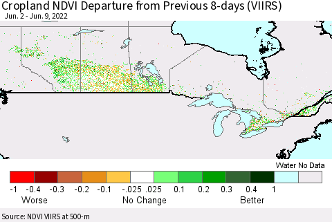 Canada Cropland NDVI Departure from Previous 8-days (VIIRS) Thematic Map For 6/2/2022 - 6/9/2022
