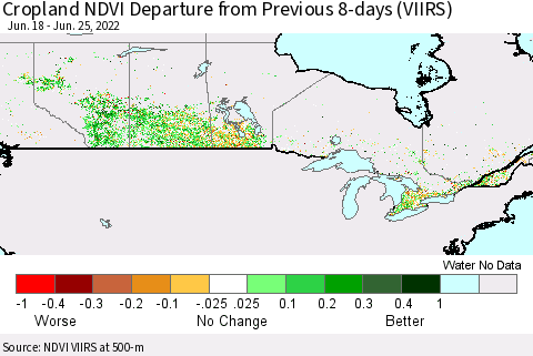 Canada Cropland NDVI Departure from Previous 8-days (VIIRS) Thematic Map For 6/18/2022 - 6/25/2022