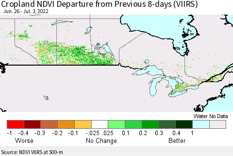 Canada Cropland NDVI Departure from Previous 8-days (VIIRS) Thematic Map For 6/26/2022 - 7/3/2022