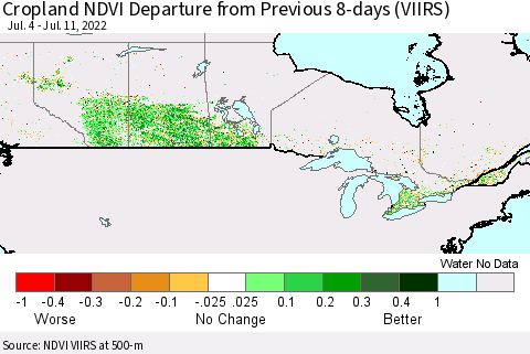 Canada Cropland NDVI Departure from Previous 8-days (VIIRS) Thematic Map For 7/4/2022 - 7/11/2022