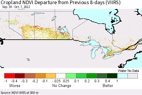 Canada Cropland NDVI Departure from Previous 8-days (VIIRS) Thematic Map For 9/30/2022 - 10/7/2022