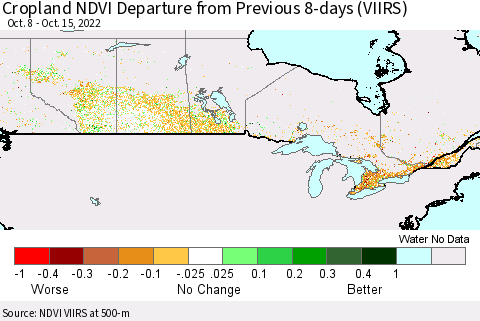Canada Cropland NDVI Departure from Previous 8-days (VIIRS) Thematic Map For 10/8/2022 - 10/15/2022