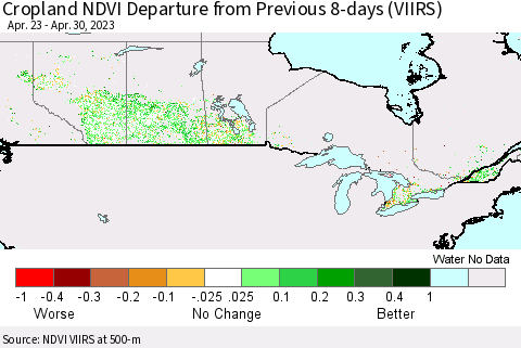Canada Cropland NDVI Departure from Previous 8-days (VIIRS) Thematic Map For 4/23/2023 - 4/30/2023