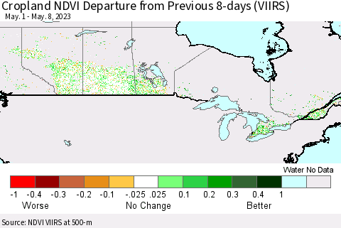 Canada Cropland NDVI Departure from Previous 8-days (VIIRS) Thematic Map For 5/1/2023 - 5/8/2023