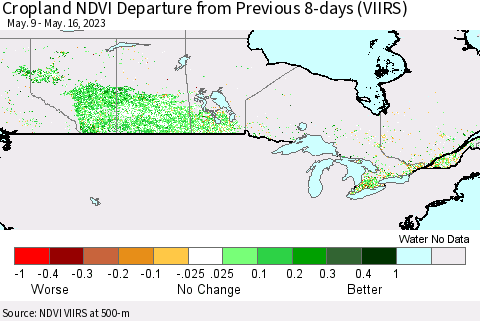 Canada Cropland NDVI Departure from Previous 8-days (VIIRS) Thematic Map For 5/9/2023 - 5/16/2023
