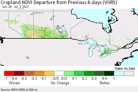 Canada Cropland NDVI Departure from Previous 8-days (VIIRS) Thematic Map For 6/26/2023 - 7/3/2023