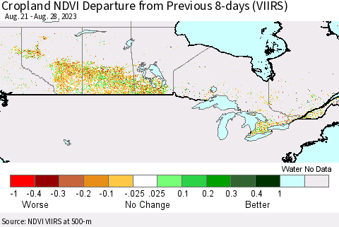 Canada Cropland NDVI Departure from Previous 8-days (VIIRS) Thematic Map For 8/21/2023 - 8/28/2023